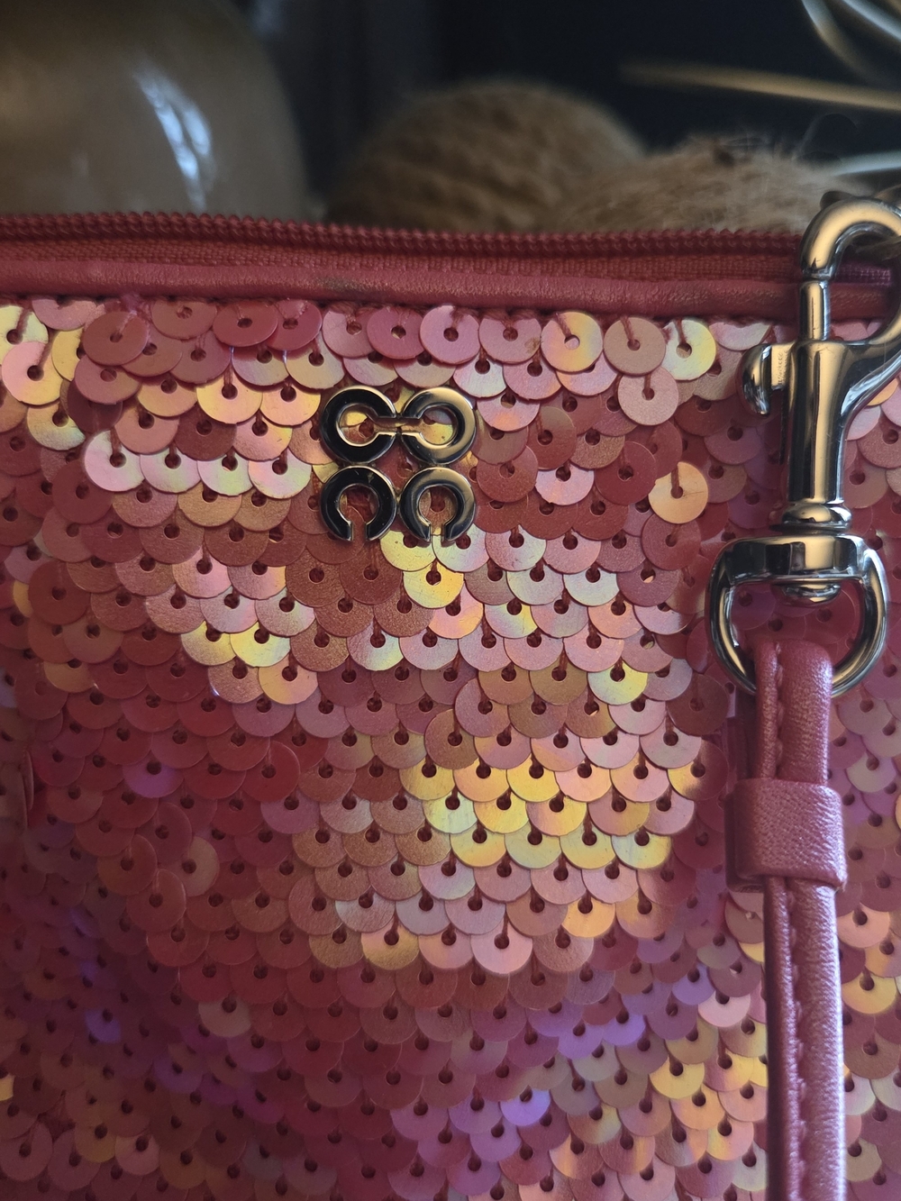 Coach Pink Sequin Wristlet w/ Matching Beaded Mini Bag Charm Bundle - Picture 5 of 17